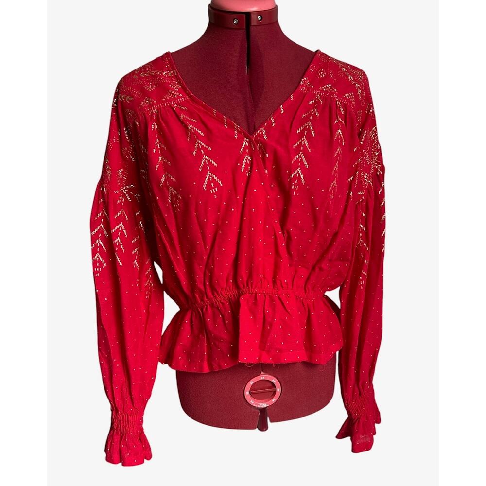 Free People Size XS 100% Cotton Red Gold Counting Stars Faux Wrap Peasant Blouse